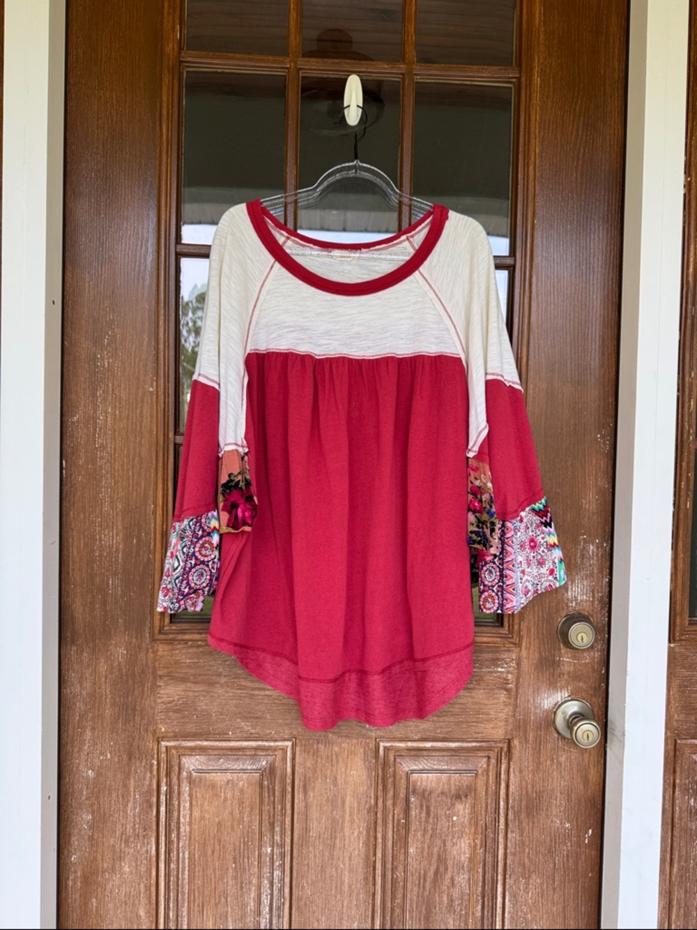 Women's Red and Cream Mixed-Media Bell Sleeve Tunic
